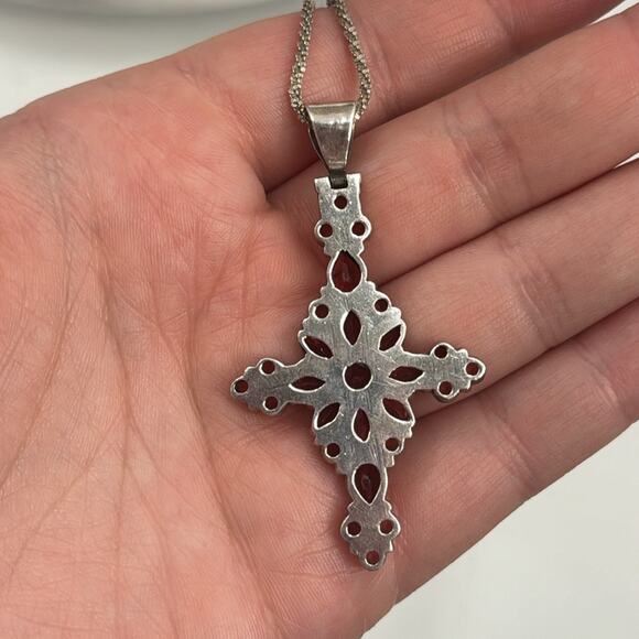 Sterling silver garnet encrusted cross pendant necklace - Picture 3 of 8